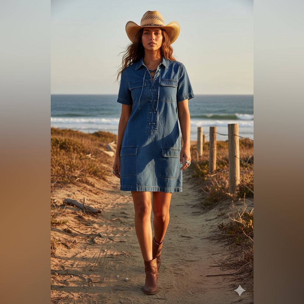 🎀EQUIPMENT FEMME small denim short sleeve lace up dress